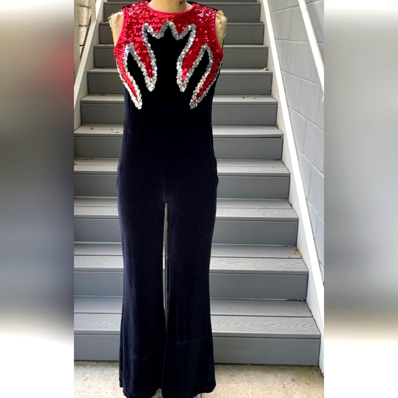 Pants - Rare 1970s Black Velvet Jumpsuit with Orange and Silver Sequin Flames